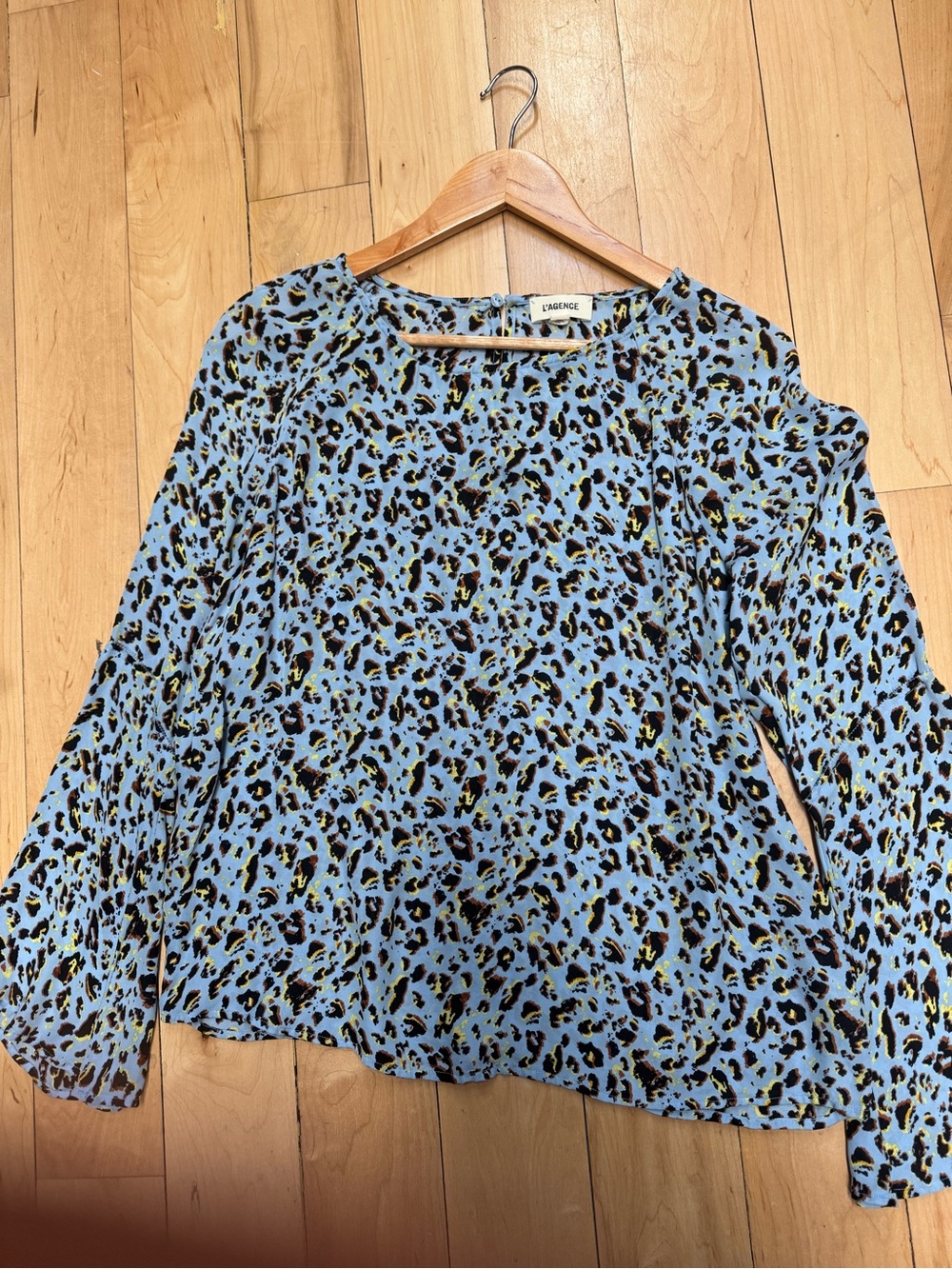 L'AGENCE Light Blue Leopard-Print Long Sleeve Blouse